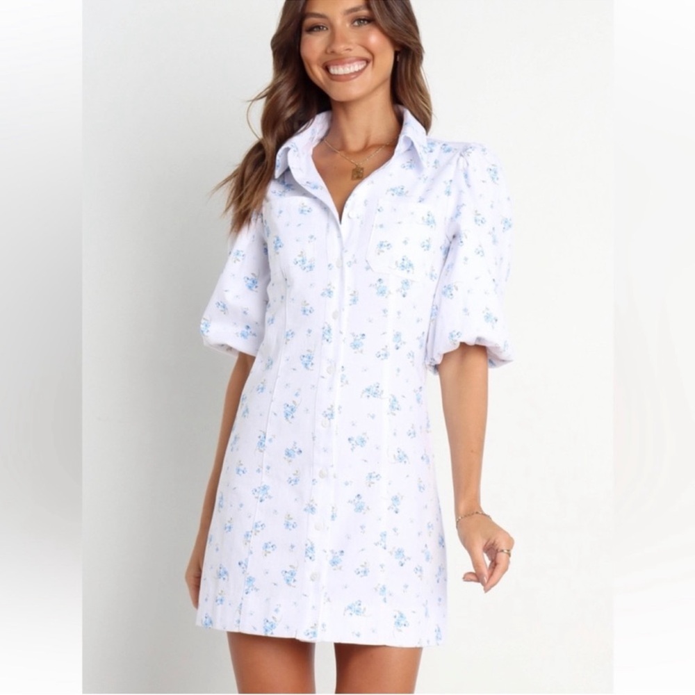 Petal & Pup White Dress with Blue Floral Design